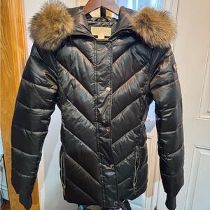 Michael Kors Black Quilted Hooded Puffer with Faux Fur Trim
